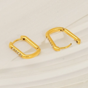U-shaped gold rectangle hoop earrings with clear crystals in a minimalist modern style