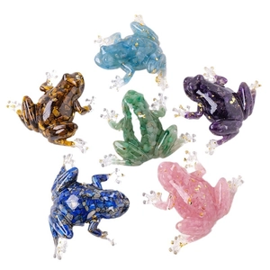 Set of six handmade resin frog figurines with natural crystal chips and gold foil decor