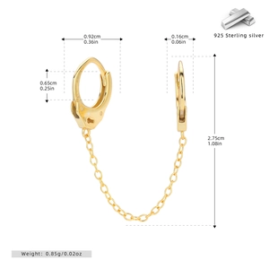 Macro view of 925 sterling silver chain earrings with handcuff design details and dimensions