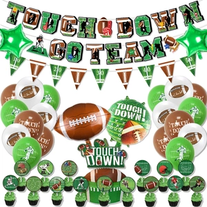 American football party decoration set with green banners, balloons, and cake toppers