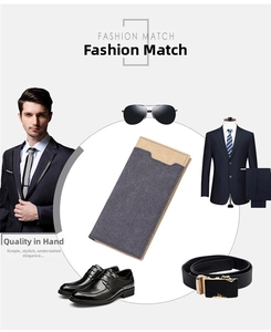 Slim long canvas wallet for men featuring grey denim fabric and brown accent details