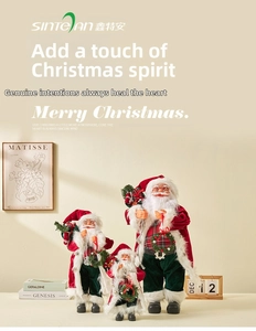 Three Santa Claus figurines in red and green outfits with Christmas wreaths and gift bags