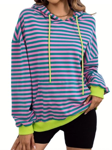 Sudadera Con Capucha A Rayas Para Mujer Bloque De Color Manga Larga Ajuste Holgado Pullover Con Bolsillo Canguro