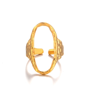Minimalist gold stainless steel open ring featuring a unique hammered oval texture design