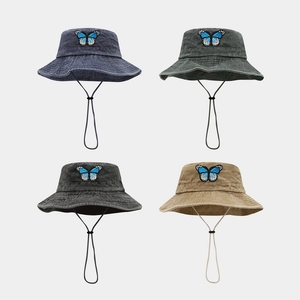 Butterfly Embroidery Washed Cotton Wide Brim Bucket Hat Outdoor Sun Protection Fisherman Hat With Windproof Rope