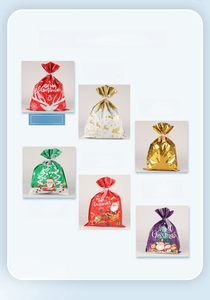 Detailed size chart for Christmas drawstring gift bags featuring festive character prints