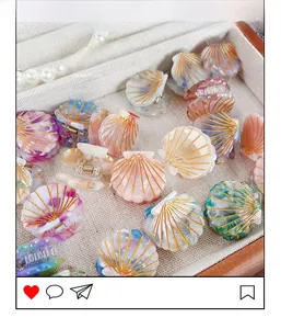 Detailed view of colorful shell-shaped acetate hair claws with gold-rimmed textures