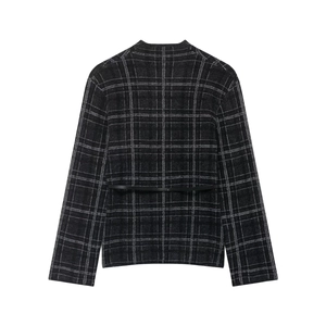 Women's plaid knit cardigan in charcoal and black with a matching waist belt back view