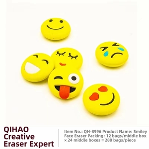 Set of six yellow round emoji erasers featuring smiles, kisses, and heart eyes expressions