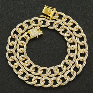 Chaîne cubaine dorée pour homme style hip hop sertie de zircons blancs brillants