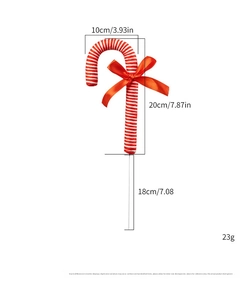 Detail of red and white candy cane ornament with orange bow and size specifications