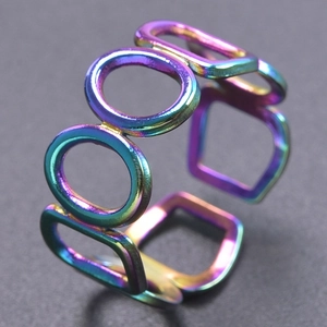 Rainbow gradient geometric hollow open ring in minimalist stainless steel design