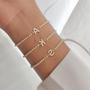 Initial Letter Tennis Bracelet Gold Plated Stainless Steel Cubic Zirconia Adjustable Slider For Women Fashion Accessory