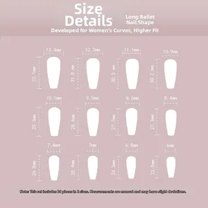 Size chart for French tip press-on nails in long ballet style showing 12 precise dimensions