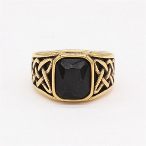 Vintage Viking Celtic Knot ring in gold steel with a large rectangular black gemstone