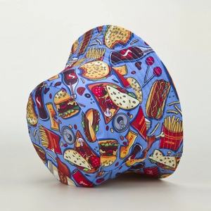 Close-up of vibrant cartoon fast food prints on the light blue cotton bucket hat