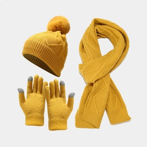 Winter Knitted Hat Scarf And Touch Screen Gloves Warm Thick Cable Knit Pompom For Outdoor Cold Weather Wear
