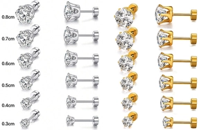 Detailed view of six-prong cubic zirconia stud earrings in gold and silver finish