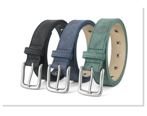 Three frosted PU leather belts in black, blue, and green colors with silver pin buckles