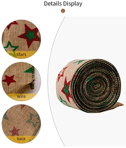 Detail view of burlap Christmas ribbon with glitter stars and wired edge for shaping