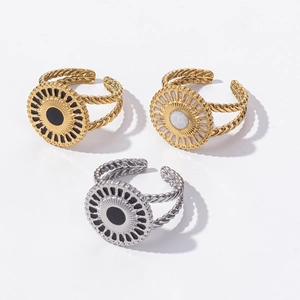 Retro 304 stainless steel sunburst rings with enamel inlay and twisted double bands