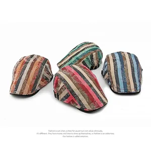 British style striped cotton beret cap with adjustable strap and paisley pattern