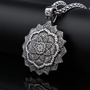 Vintage silver Viking mandala totem pendant on thick chain necklace with high polish finish