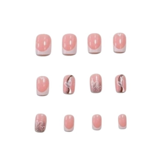 Short square press-on nails with white French tips and heart patterns on pink base