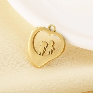 Golden stainless steel heart pendant with boy and girl cutouts for DIY jewelry making