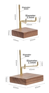 Detail of walnut wood base and brass stand with specific dimension measurements