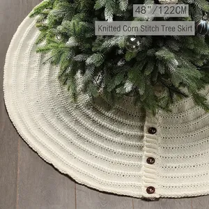 Christmas Tree Skirt Knit Chunky Corn Stitch Button Closure Holiday Decor Home Ornament Ivory Red Acrylic