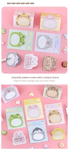 Detail showing various animal-shaped sticky notes including pandas and rabbits on pink background
