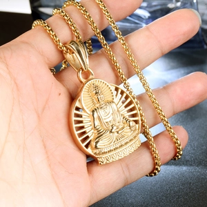 Hip hop style gold-plated Buddha pendant necklace with round box chain for men