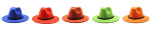 Detail of wool felt fedora hats featuring flat wide brims and black woven band accents
