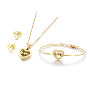 Three-piece golden titanium jewelry set with hollow heart-shaped Love pattern necklace