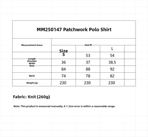 Detailed size chart for the knit polo shirt and skirt set showing S, M, and L measurements