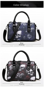 Detail view of red and blue skull floral boston bags with leather handles and studs