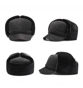 Detailed views of men's winter aviator hat with faux fur lining and ear flaps
