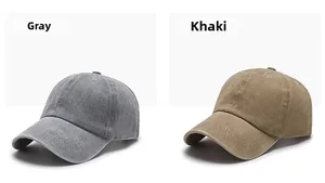 Detailed comparison of vintage washed cotton baseball caps in grey and khaki colors