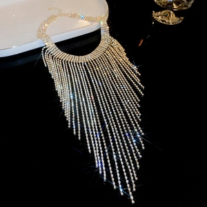 Detail of luxury rhinestone fringe necklace with cascading silver crystal tassels on tray
