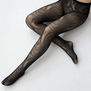 Detailed pattern of black geometric mesh and wavy lines on elastic high waist pantyhose