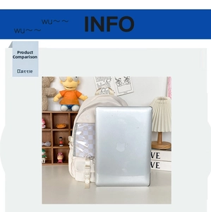 Detailed size comparison of a white clear window backpack with a 14-inch laptop
