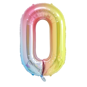 Detail of 40-inch gradient foil number 0 balloon with vibrant blue and rose gold metallic finish