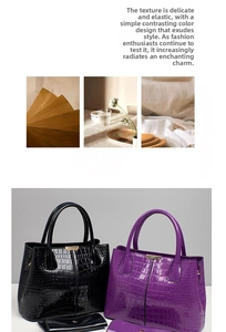 Detail view of crocodile pattern leather handbags in black and purple with matching wallets