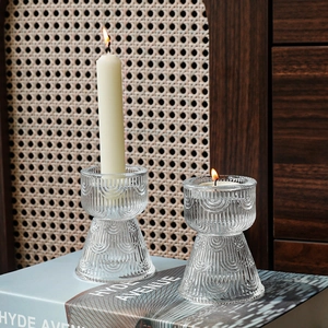 Vintage Ribbed Glass Candle Holder Decorative Clear For Dining Table Wedding Party Celebration European Style