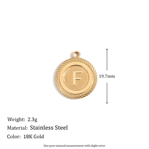 Vintage round stripe pendant with letter F in 18K gold plated stainless steel