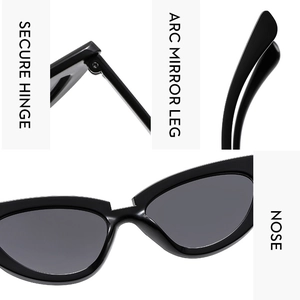 Detail view showing secure hinges, arc mirror legs, and nose pads of black cat eye sunglasses