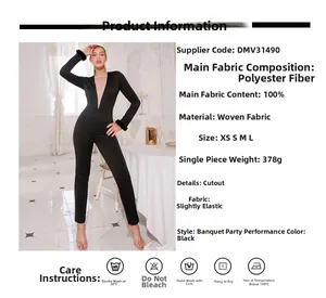 Detail of black jumpsuit showing deep V-neck mesh panels and faux fur trimmed sleeves