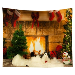 Cozy Christmas wall tapestry detail featuring a fireplace, cat, and festive holiday decor