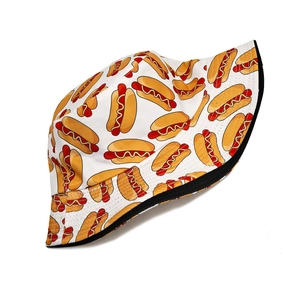 Detail of reversible bucket hat with American hot dog patterns and black lining